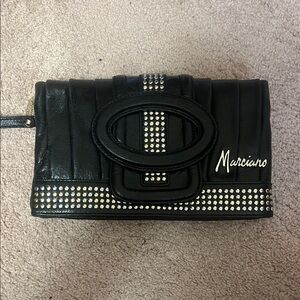 Marciano Black Leather Studded Clutch Wristlet